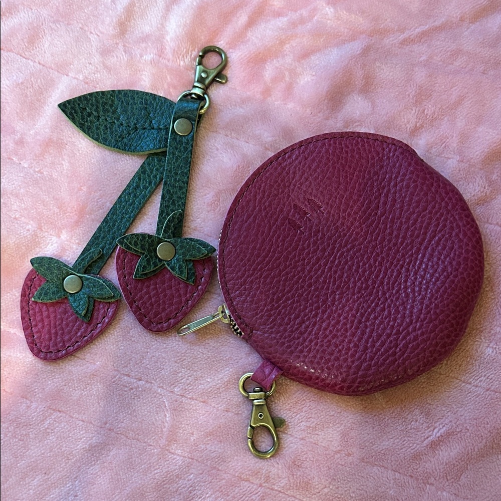 Pink Leather Cosmo Gordita Coin Purse with Green Leaf Cosmo Strawberry Charm